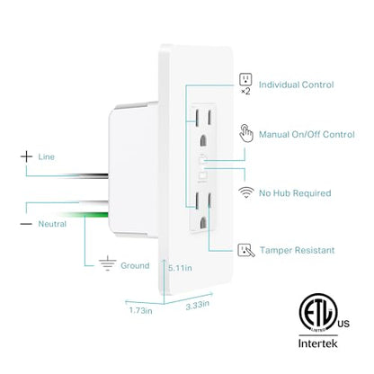Kasa Smart In-Wall WiFi Outlet by TP-Link (KP200) - Neutral Wire and 2.4GHz Wi-Fi Connection Required, Works with Alexa, Echo and Google Home, No Hub Required, Remote Control, UL Certified White