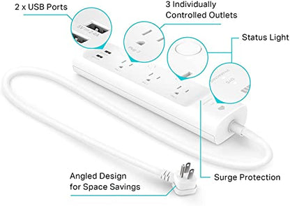 Kasa Smart Plug Power Strip by TP-Link (KP303) - Surge Protector with 3 Smart Outlets and 2 USB Ports, Works with Alexa Echo and Google Home, 2.4 Ghz Wifi Required, No Hub Required