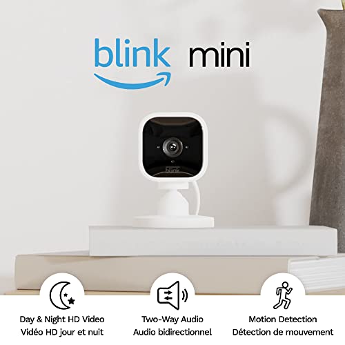 Blink Mini – Compact indoor plug-in smart security camera, 1080p HD video, night vision, motion detection, two-way audio, easy set up, Works with Alexa – 1 camera (White)