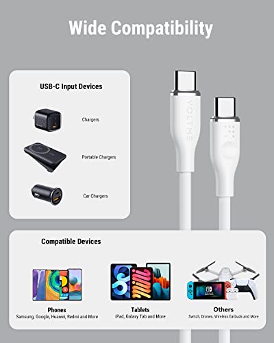 VOLTME 60W USB C to USB C Cable 6ft/1.8M, USB 2.0 Type C Charging Cable Fast Charge Cord for MacBook Pro 2020/2019, iPad Pro 2020/2019, iPad Air 4/5, MacBook Air 2020/2019, Galaxy S21, Switch (White)