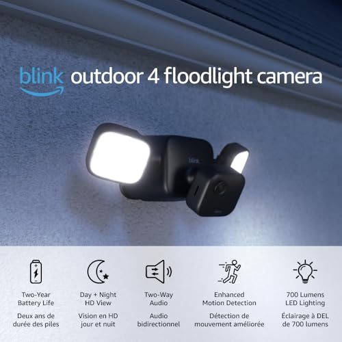 Blink Outdoor 4 Floodlight Camera – Wire-free smart security camera, 700 lumens, two-year battery life, HD live view, enhanced motion detection, Works with Alexa - 1 camera system