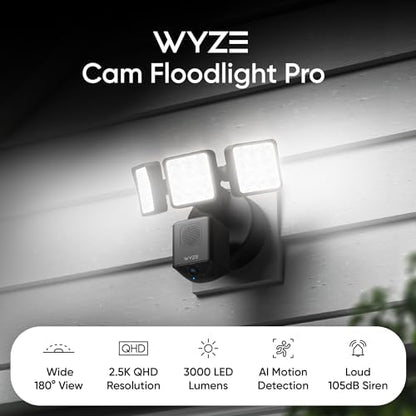 WYZE Floodlight Camera Pro, 3000-Lumen LEDs, 180° Wide View, 2K HD Outdoor Security Camera, Motion Detection, 105dB Siren, Cloud & Local Storage, Color Night Vision, for Home Surveillance, Wired