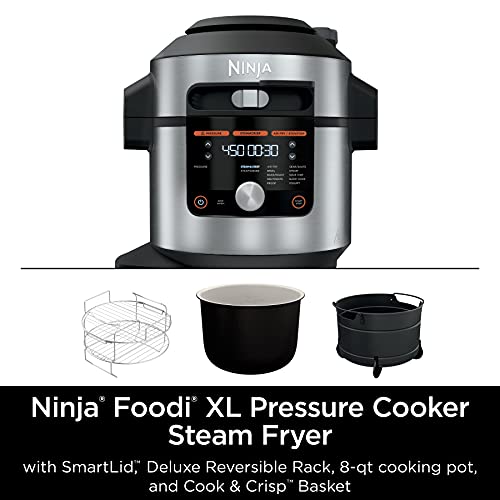 Ninja OL601 Foodi XL 8 Qt. Pressure Cooker Steam Fryer with SmartLid, 14-in-1 that Air Fries, Bakes & More, with 3-Layer Capacity, 5 Qt. Crisp Basket & 45 Recipes, Silver/Black