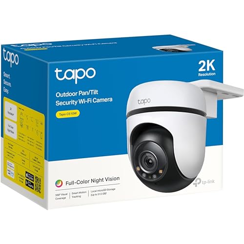 TP-Link Tapo 2K QHD Pan/Tilt Outdoor Wired Security Wi-Fi Camera, 360° Visual Coverage, Full-Color Night Vision Up to 98ft, Smart Motion Tracking, Person Detection,Physical Privacy Mode(Tapo C510W)