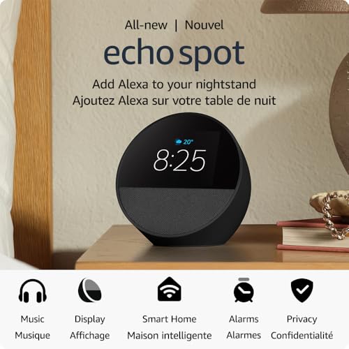 Amazon Echo Spot (2024 release), Smart alarm clock with vibrant sound + Alexa, Black