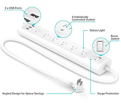 Kasa Smart Plug Power Strip, Surge Protector w/ 6 Smart Outlets and 3 USB Ports, Works with Alexa Echo & Google Home, No Hub Required (HS300), White