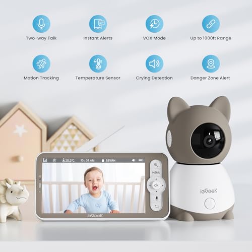 ieGeek - 2K Baby Camera Monitor & Smart Video Audio Monitor with 5" Screen, Night Vision, Two-Way Talk, Crying & Motion Detection, Sensor