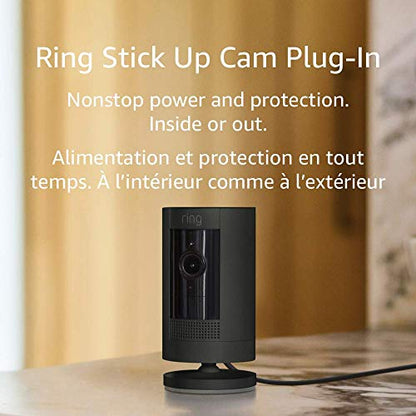 Ring Stick Up Cam Plug-In – HD security camera with two-way talk, Works with Alexa – Black