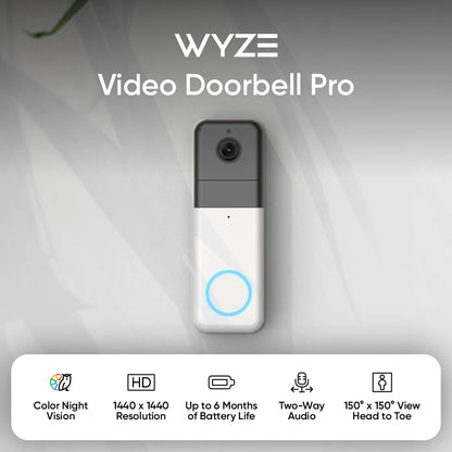 Wyze Wireless Video Doorbell Pro (Chime Included), 1440 HD Video, 1:1 Aspect Ratio: 1:1 Head-to-Toe View, 2-Way Audio, Night Vision