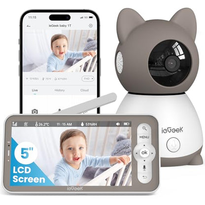 ieGeek - 2K Baby Camera Monitor & Smart Video Audio Monitor with 5" Screen, Night Vision, Two-Way Talk, Crying & Motion Detection, Sensor