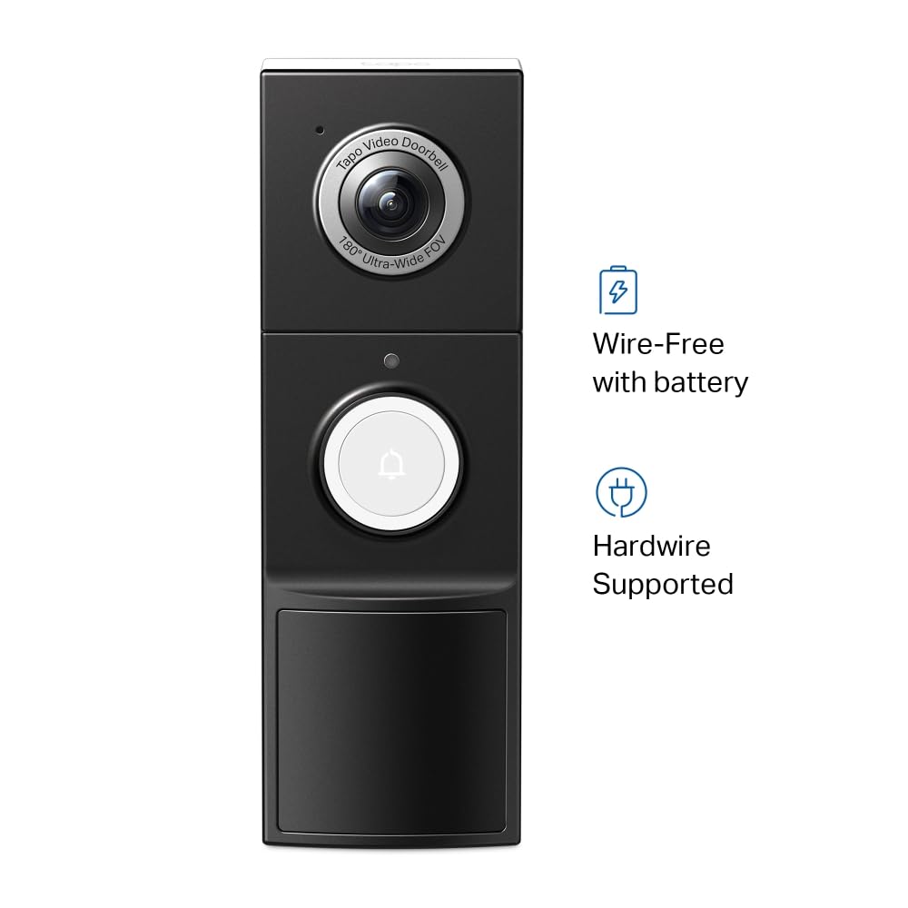 TP-Link Tapo Smart Video Doorbell Camera with Chime, Battery or Wired, 2K 5MP Color Night Vison, No Monthly Fee, 180° Ultra-Wide Head-to-Toe View, Free AI Detection, Cloud & Local Storage (Tapo D235)