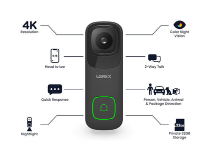 Lorex 4K 32GB Wired Smart Video Doorbell Camera w/No Subscription Fee - Color Night Vision (Black) [Requires 16-24VAC]