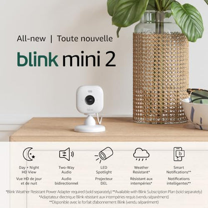 Blink Mini 2 — Plug-in smart security camera, HD night view in color, built-in spotlight, two-way audio, motion detection, Works with Alexa (White)