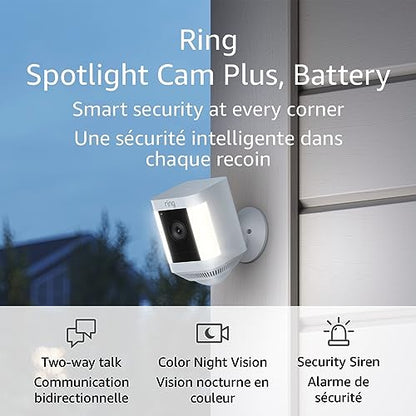 Ring Spotlight Cam Plus, Battery | Two-Way Talk, Colour Night Vision, and Security Siren (2022 release) - White