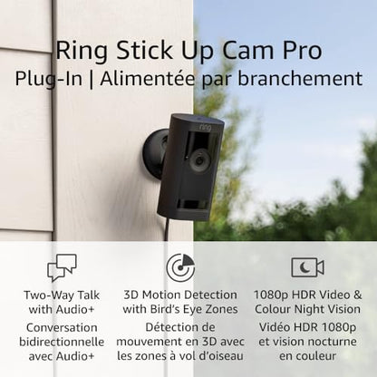 Ring Stick Up Cam Pro Plug-In | Two-Way Talk with Audio+, 3D Motion Detection with Bird’s Eye Zones, and 1080p HDR Video & Colour Night Vision (2023 release), Black