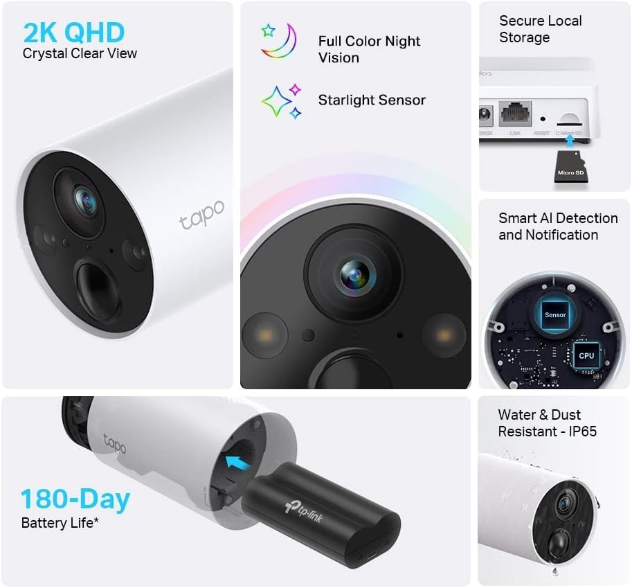 TP-Link Tapo 2K QHD Outdoor Wireless Security Camera System, Up to 180 Day Battery, Color Night Vision w/Starlight Sensor, Motion Detection, Works w/Alexa&Google Home, Hub Included (Tapo C420S4)
