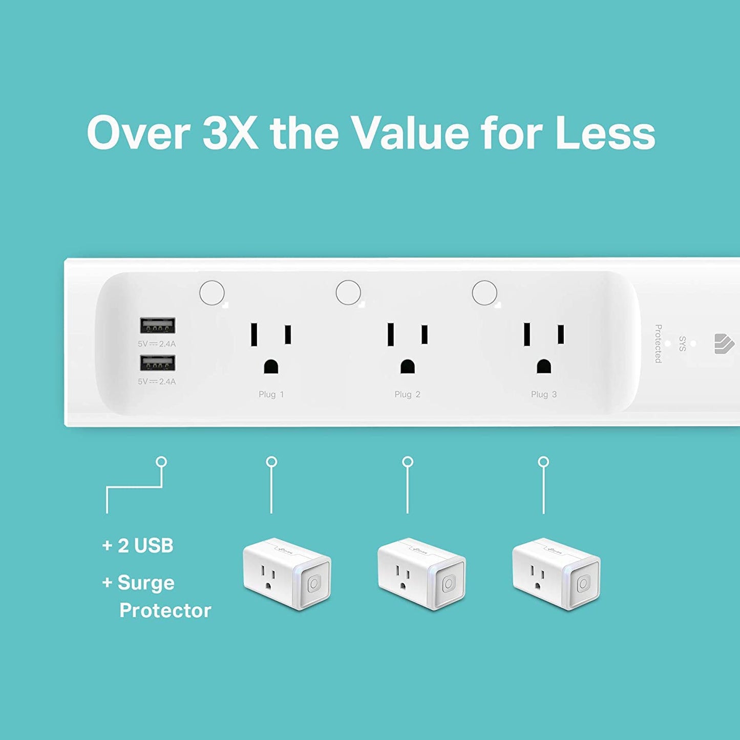 Kasa Smart Plug Power Strip by TP-Link (KP303) - Surge Protector with 3 Smart Outlets and 2 USB Ports, Works with Alexa Echo and Google Home, 2.4 Ghz Wifi Required, No Hub Required