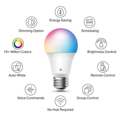 Kasa New Smart Bulb, Full Colour Changing Dimmable Smart WiFi Light Bulb Compatible with Alexa and Google Home, A19, 9W 800 Lumens,2.4Ghz only, No Hub Required, 1-Pack (KL125), Multicolour