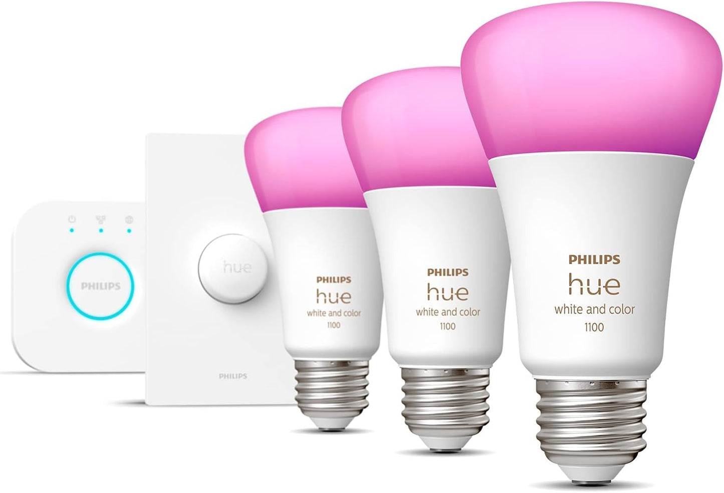 Philips Hue Smart Light Starter Kit - Includes (1) Bridge, (1) Smart Button and (3) Smart 75W A19 LED Bulbs - White and Color Ambiance - 1100LM - E26 - Control with Hue App or Voice Assistant