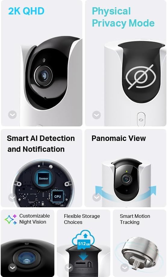 TP-Link Tapo 2K QHD Pan/Tilt Indoor Security WiFi Camera, 360° Panoramic View, Human & Pet AI Detection, Night Vision w/Starlight Sensor, Physical Privacy Mode, Works w/ Alexa & Google (Tapo C225)