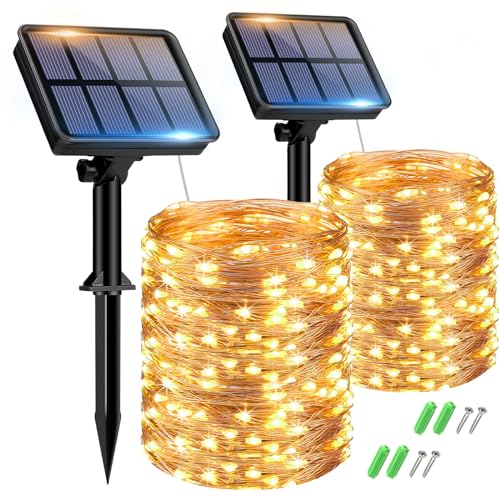 2 Pack Solar String Lights Outdoor, Total 300LED 110FT Solar Fairy Lights Waterproof 8 Modes Copper Wire Solar Powered String Lights for Outdoor Patio Garden Wedding Tree Party Xmas Decor(Warm White)