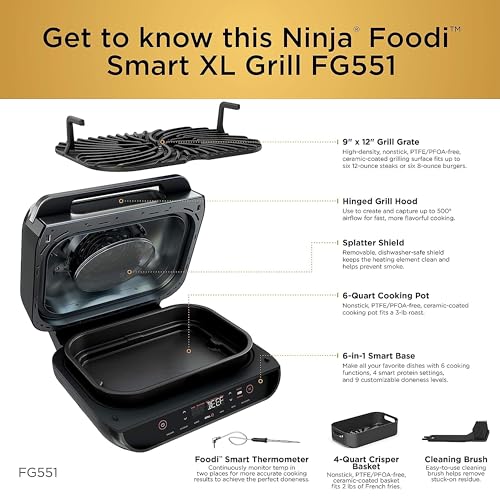 Ninja FG551 Foodi Smart XL 6-in-1 Indoor Grill with Air Fry, Roast, Bake, Broil & Dehydrate, Smart Thermometer, Black/Silver