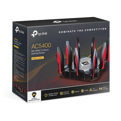 TP-Link AC5400 Tri Band Gaming Router - MU-MIMO, 1.8GHz Quad-Core 64-bit CPU, Game First Priority, Link Aggregation, 16GB Storage, Airtime Fairness, Secured WiFi, Works with Alexa (Archer C5400X)