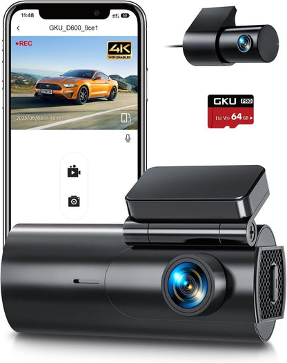 GKU 4K Dash Cam Front and Rear Camera, 4K+1080P Dual Dashcams for Cars with 64GB SD Card, WiFi & App Control, Night Vision, Parking Mode, G-Sensor, Loop Recording,WDR,170° Wide Angle