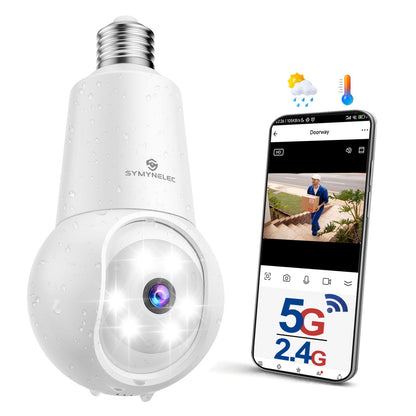 SYMYNELEC 2K 5GHz/2.4GHz Light Bulb Security Camera Outdoor, Dual-Band WiFi Light Socket Camera with AI Human Motion Detection Tracking Spotlight Color Night Vision Siren Alarm Compatible with Alexa