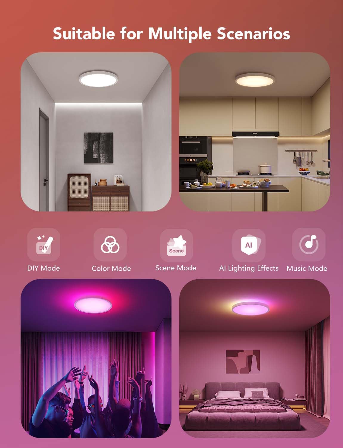 Govee Smart Ceiling Light, RGBIC LED Ceiling Light Fixture, 2400LM Flush Mount Light Fixture, 16 Million DIY Colors, Works with Alexa, 2200K-6500K Ceiling Lights for Bedroom, Living Room, 12 Inch