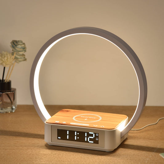 Blonbar Bedside Lamp Qi Wireless Charger LED Desk Lamp with Alarm Clock, Touch Control 3 Light Hues, 10W Max Wireless Charging Table Lamp，Eye-Caring Reading Light for Kids, Adults, Home.