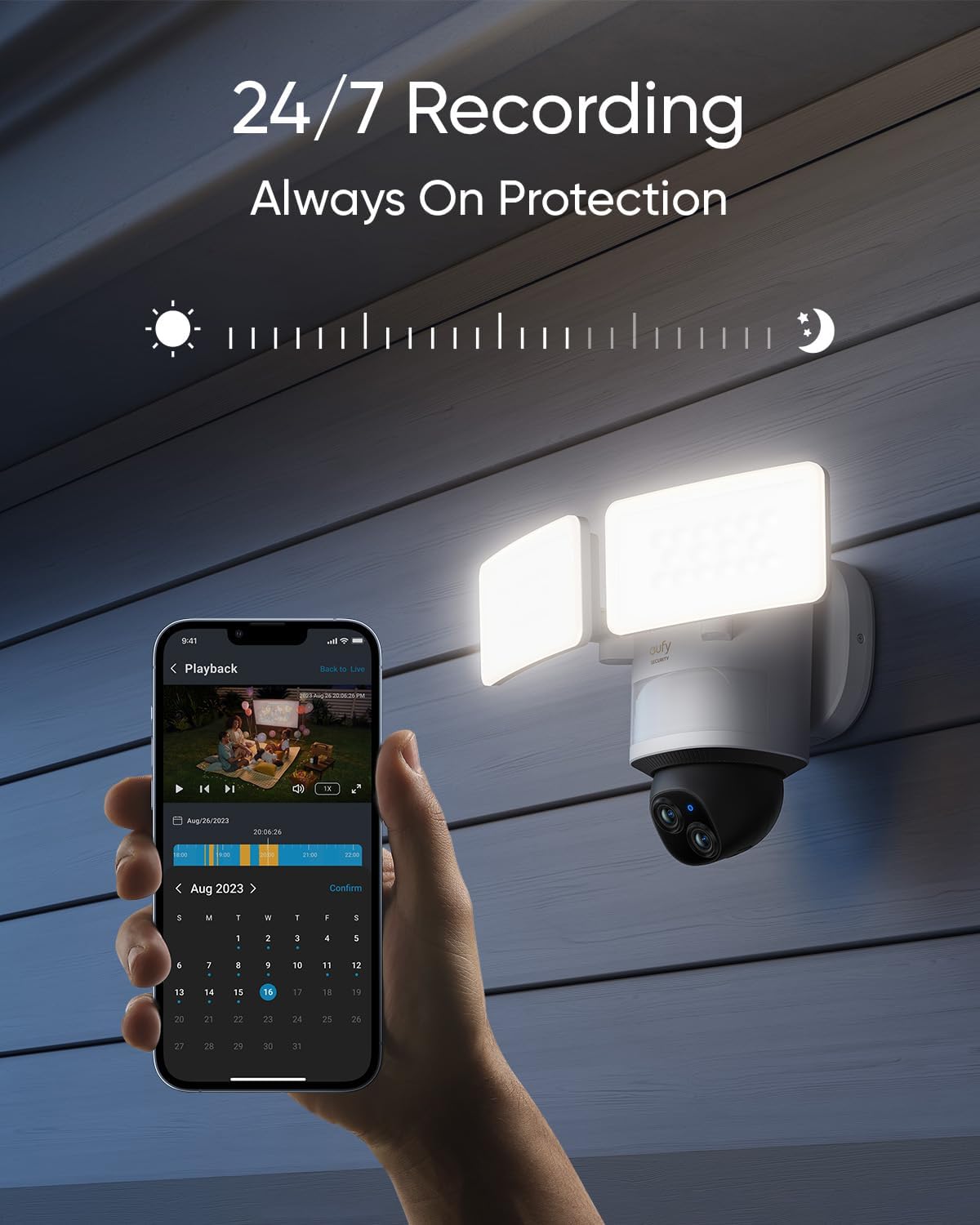 eufy Security Floodlight Camera E340 Wired, 360° Pan and Tilt, 24/7 Recording, Dual-Band Wi-Fi, 2,000 Lumens, Motion-Activated, Dual Camera, HomeBase 3 Compatible, Local Storage, No Monthly Fee