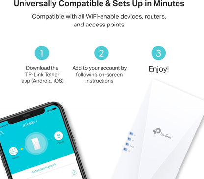 TP-Link AX1800 WiFi Extender Internet Booster (RE600X) - WiFi 6 Range Extender Covers up to 1500 sq.ft and 30 Devices, Dual Band, AP Mode w/Gigabit Port, APP Setup