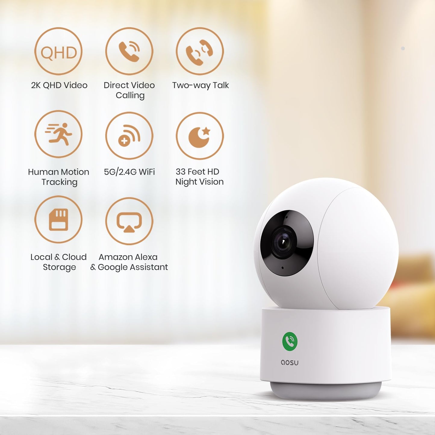 AOSU 2K Security Camera Indoor, 3MP Baby Monitor Pet Dog Camera, One-Touch Call, Support 5G & 2.4G WiFi, 360° Pan-Tilt Motion Tracking, Home Surveillance Camera, Night Vision, Compatible with Alexa