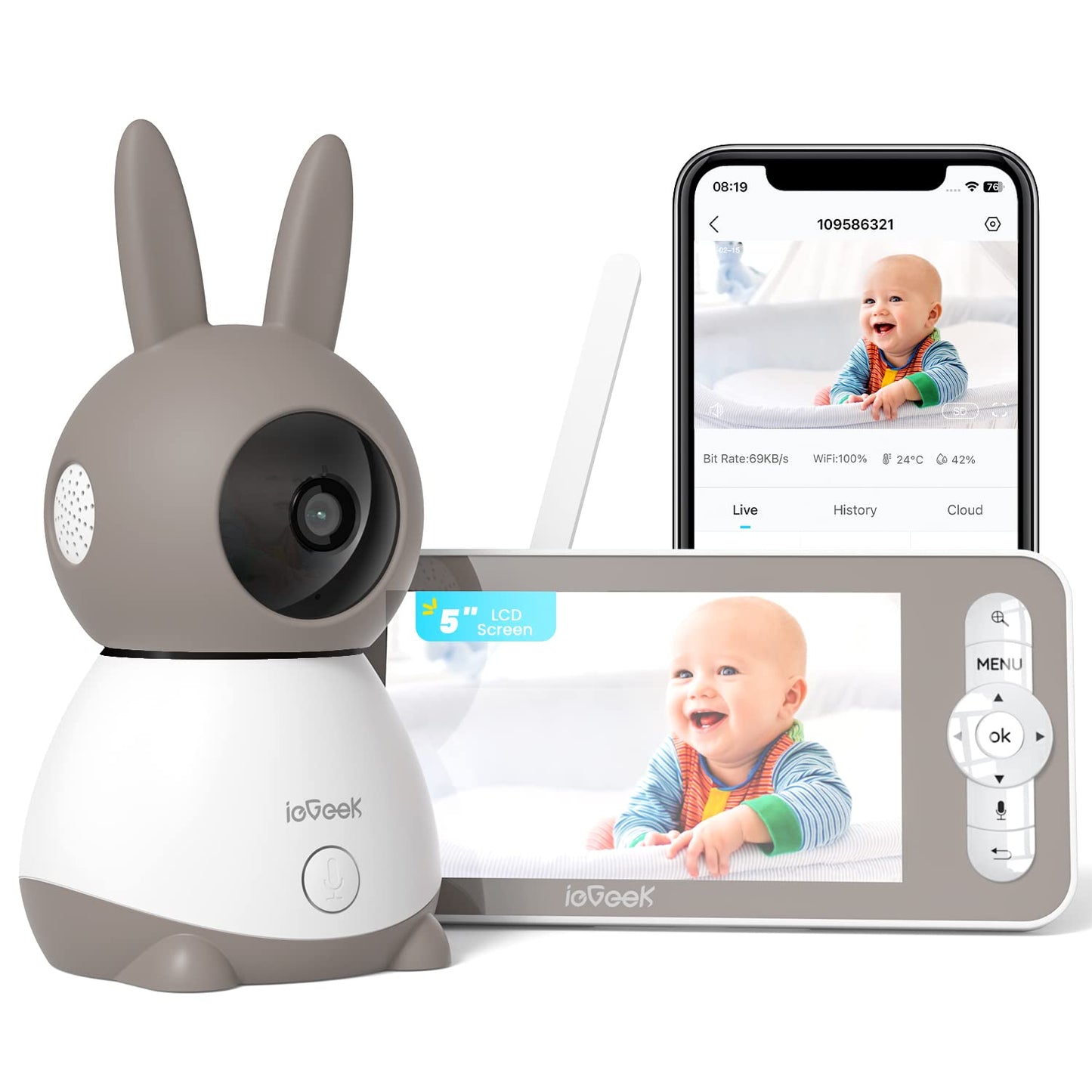 ieGeek 5" Baby Monitor, 2K WiFi Video Baby Monitor with Camera and Audio, Motion&Sound Detection,2-Way Talk, Via Screen and Smartphone App Control, Temp & Humidity Sensor Night Vision, Lullabies