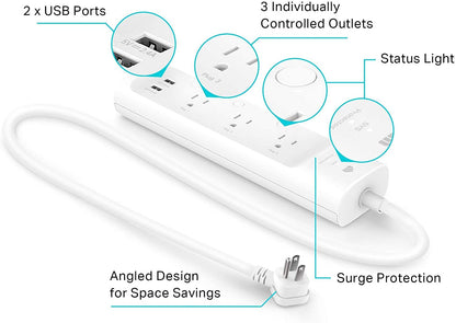 Kasa Smart Plug Power Strip by TP-Link (KP303) - Surge Protector with 3 Smart Outlets and 2 USB Ports, Works with Alexa Echo and Google Home, 2.4 Ghz Wifi Required, No Hub Required