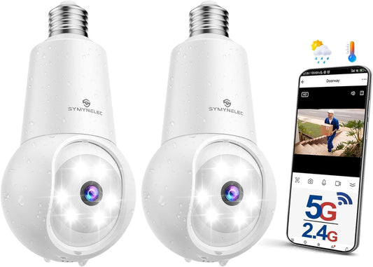 SYMYNELEC 2K 5GHz/2.4GHz Light Bulb Security Camera Outdoor 2PCS, Dual-Band WiFi Light Socket Camera with AI Human Detection Motion Tracking Spotlight Color Night Vision Siren, Compatible with Alexa