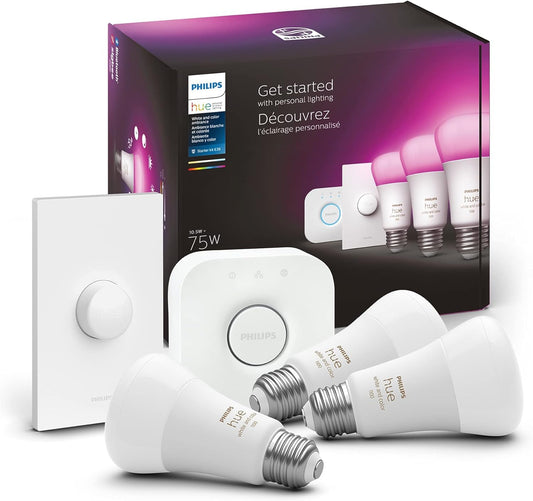 Philips Hue Smart Light Starter Kit - Includes (1) Bridge, (1) Smart Button and (3) Smart 75W A19 LED Bulbs - White and Color Ambiance - 1100LM - E26 - Control with Hue App or Voice Assistant