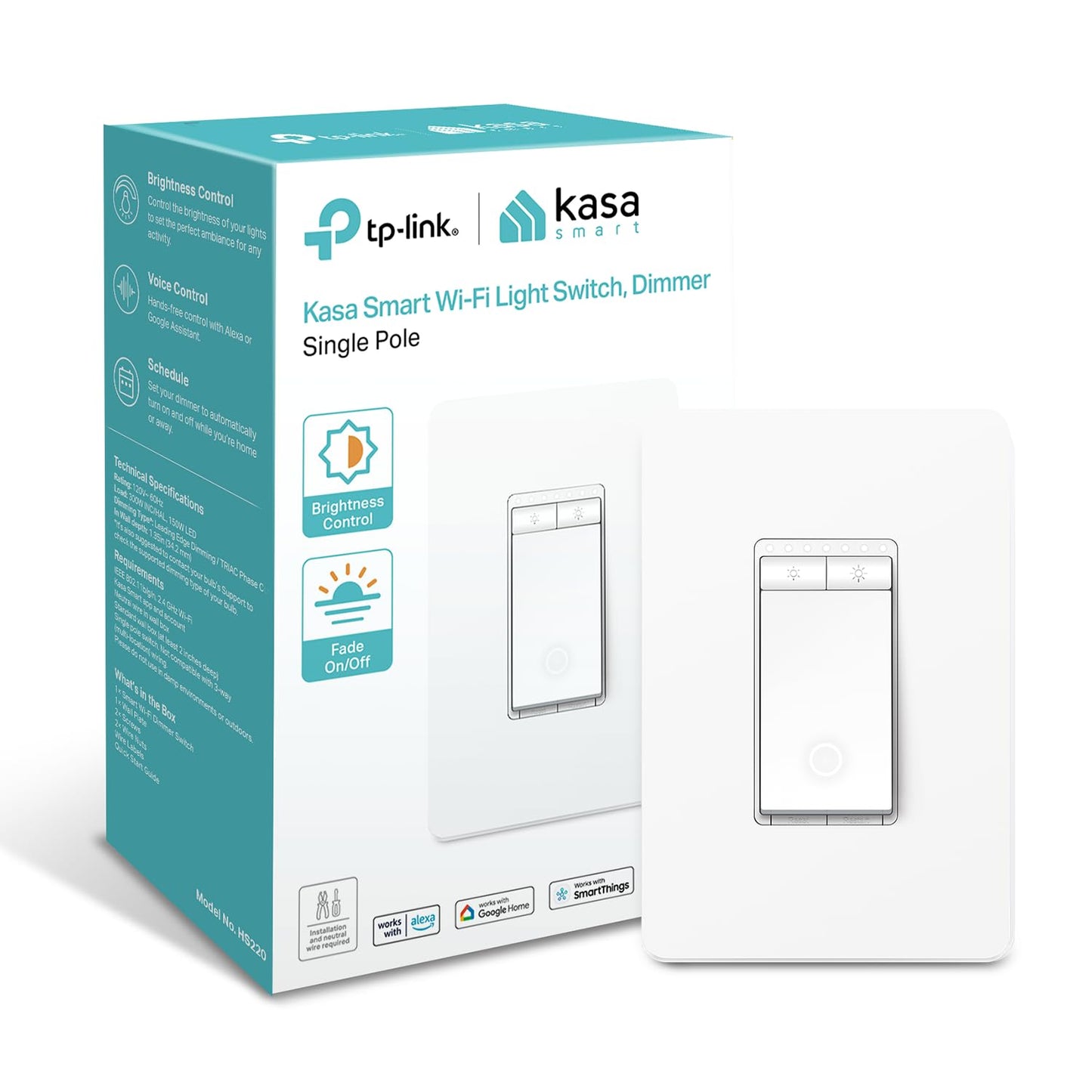 Kasa Smart Single Pole Dimmer Switch by TP-Link (HS220) -Dimmer Light Switch for LED Lights, Works with Alexa and Google Home, 1-Pack , White ( Packaging May Vary )