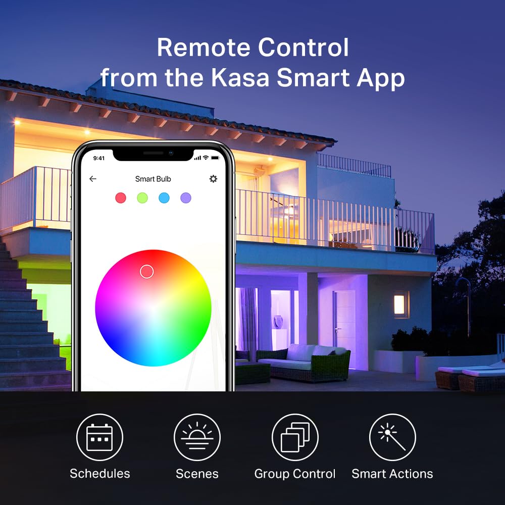 Kasa New Smart Bulb, Full Colour Changing Dimmable Smart WiFi Light Bulb Compatible with Alexa and Google Home, A19, 9W 800 Lumens,2.4Ghz only, No Hub Required, 1-Pack (KL125), Multicolour