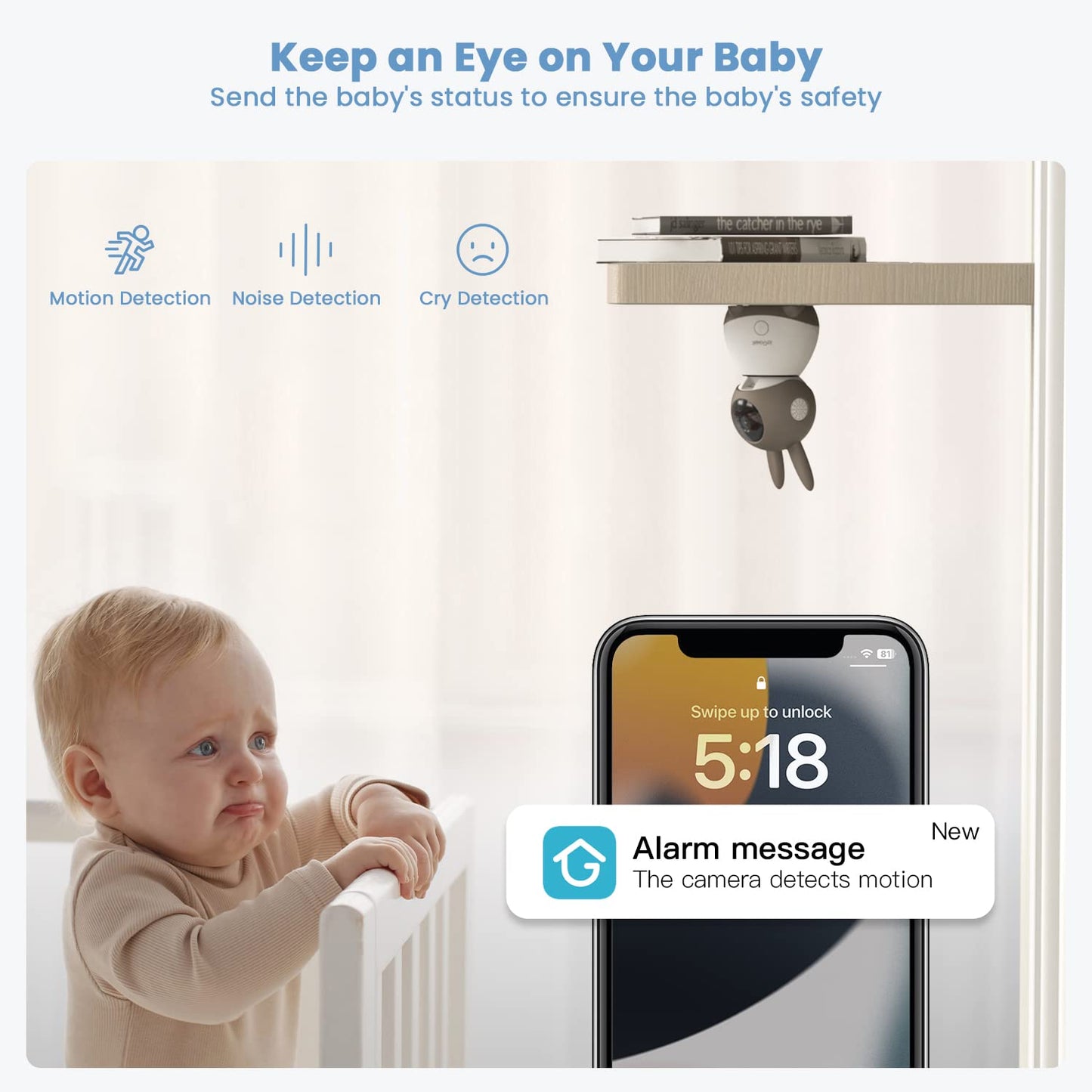 ieGeek 2K Baby Monitor (Moniteur Bébé), 360° AI & Cry Detection Video Baby Monitor Camera w/ 5" Wireless Display, Mobile APP Control & Non WiFi LCD Monitor,2 Way Audio, Temperature,Lullabies