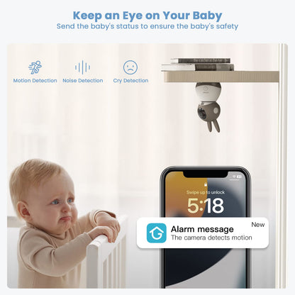 ieGeek 2K Baby Monitor (Moniteur Bébé), 360° AI & Cry Detection Video Baby Monitor Camera w/ 5" Wireless Display, Mobile APP Control & Non WiFi LCD Monitor,2 Way Audio, Temperature,Lullabies