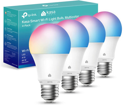 Kasa Smart Light Bulbs, Full Colour Changing Dimmable Smart WiFi Bulbs Compatible with Alexa and Google Home, A19, 9W 800 Lumens,2.4Ghz only, No Hub Required, 4-Pack (KL125P4), Multicolour