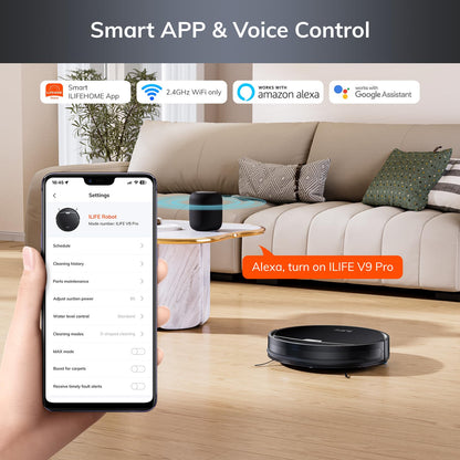 ILIFE V9 Pro Robot Vacuum and Mop Combo, Self-Emptying, 3000Pa Strong Suction Robot Vacuum Cleaner, Gyro Navigation, App/Alexa Control, Tangle-Free, for Pet Hair and Hard Floors, Black