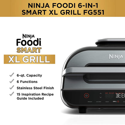 Ninja FG551 Foodi Smart XL 6-in-1 Indoor Grill with Air Fry, Roast, Bake, Broil & Dehydrate, Smart Thermometer, Black/Silver