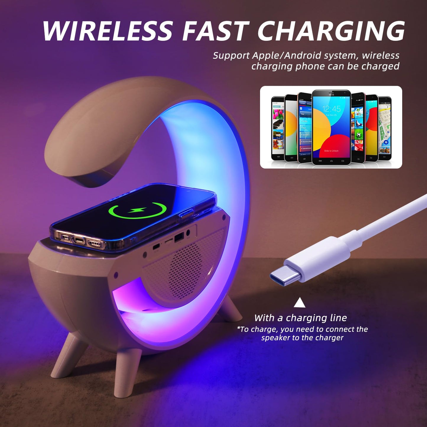 Alexsix Wireless Charger Atmosphere Lamp, 2023 New Wireless G Speaker Charger with Desk Lamp Bedside Night Light Smart Light Sound Machine Charging Lamp for Bedroom Home Decor