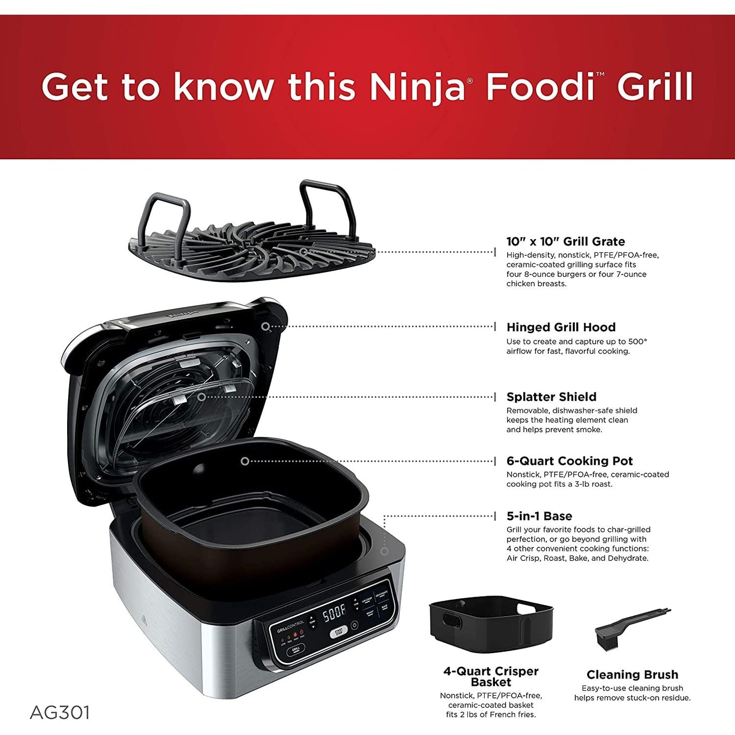 Ninja Foodi 5-in-1 4-qt. Air Fryer, Roast, Bake, Dehydrate Indoor Electric Grill (AG301), 10" x 10", Black and Silver