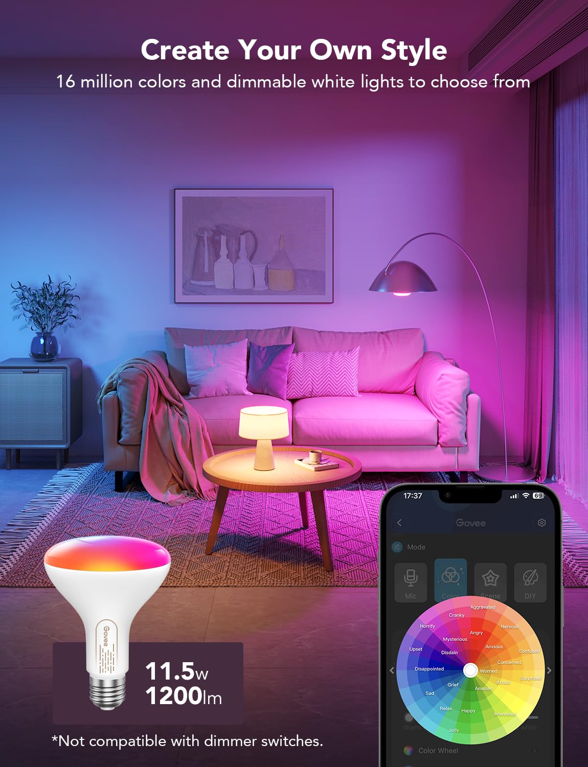 Govee Smart Light Bulbs, 1200 Lumens Dimmable BR30 Bulbs, RGBWW Color Changing Light Bulbs, WiFi & Bluetooth LED Bulbs, 16 Million Colors, Music Sync, Compatible with Alexa, Google Assistant, 2 Pack