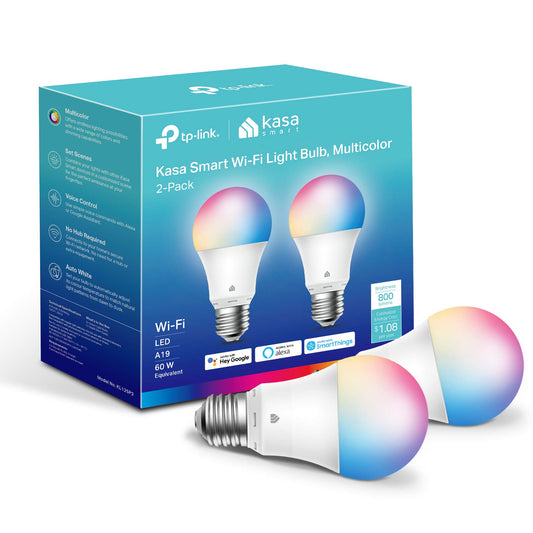 Kasa Smart Light Bulbs, Full Colour Changing Dimmable Smart WiFi Bulbs Compatible with Alexa and Google Home, A19, 9W 800 Lumens,2.4Ghz only, No Hub Required, 2-Pack (KL125P2), Multicolour