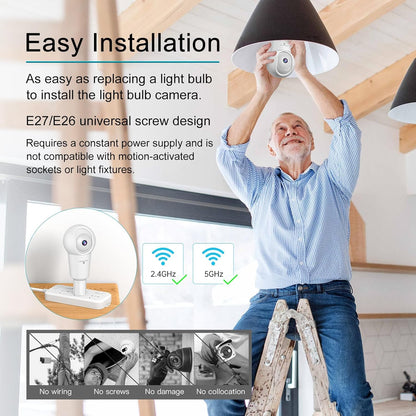 SYMYNELEC 3K 5GHz/2.4GHz Light Bulb Security Camera Outdoor, AI Human/Vehicle Detection Motion Tracking 2-Way Talk Spotlight Color Night Vision Siren Real-time Alarm Compatible with Alexa